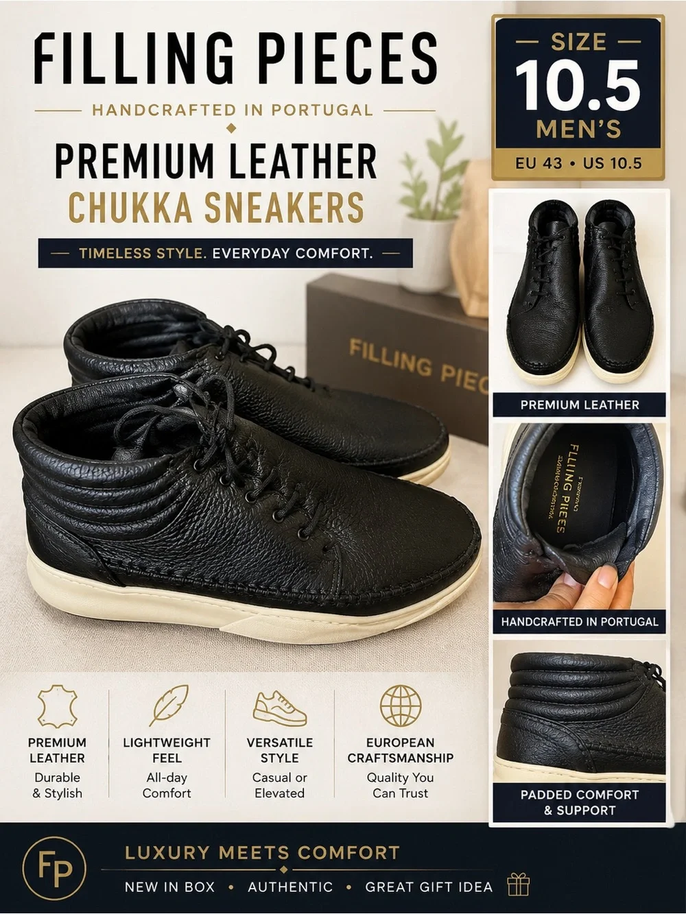Filling Pieces Black Leather Chukka Boots Sneakers with Cream Sole Size 10.5